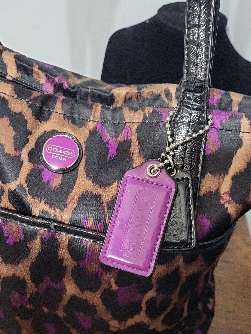 Coach Ocelot Leopard Print Tote Bag with Purple Accents